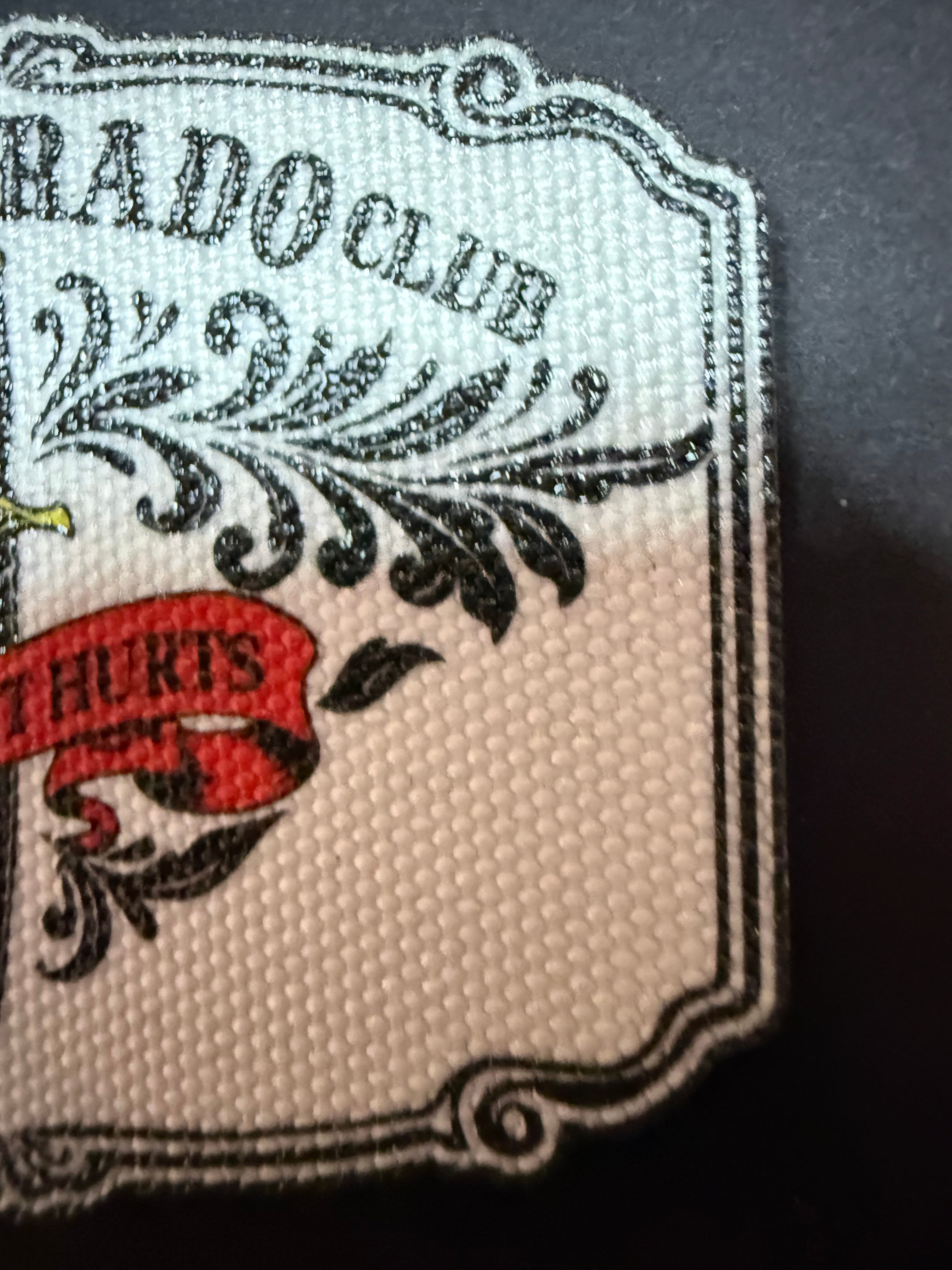 Desperado Club Canvas Patch, Dungeon Crawler Carl Inspired Iron-On, So Fun It Hurts, LitRPG Fan Gift, Tactical Dagger & Scroll Apparel Accessory