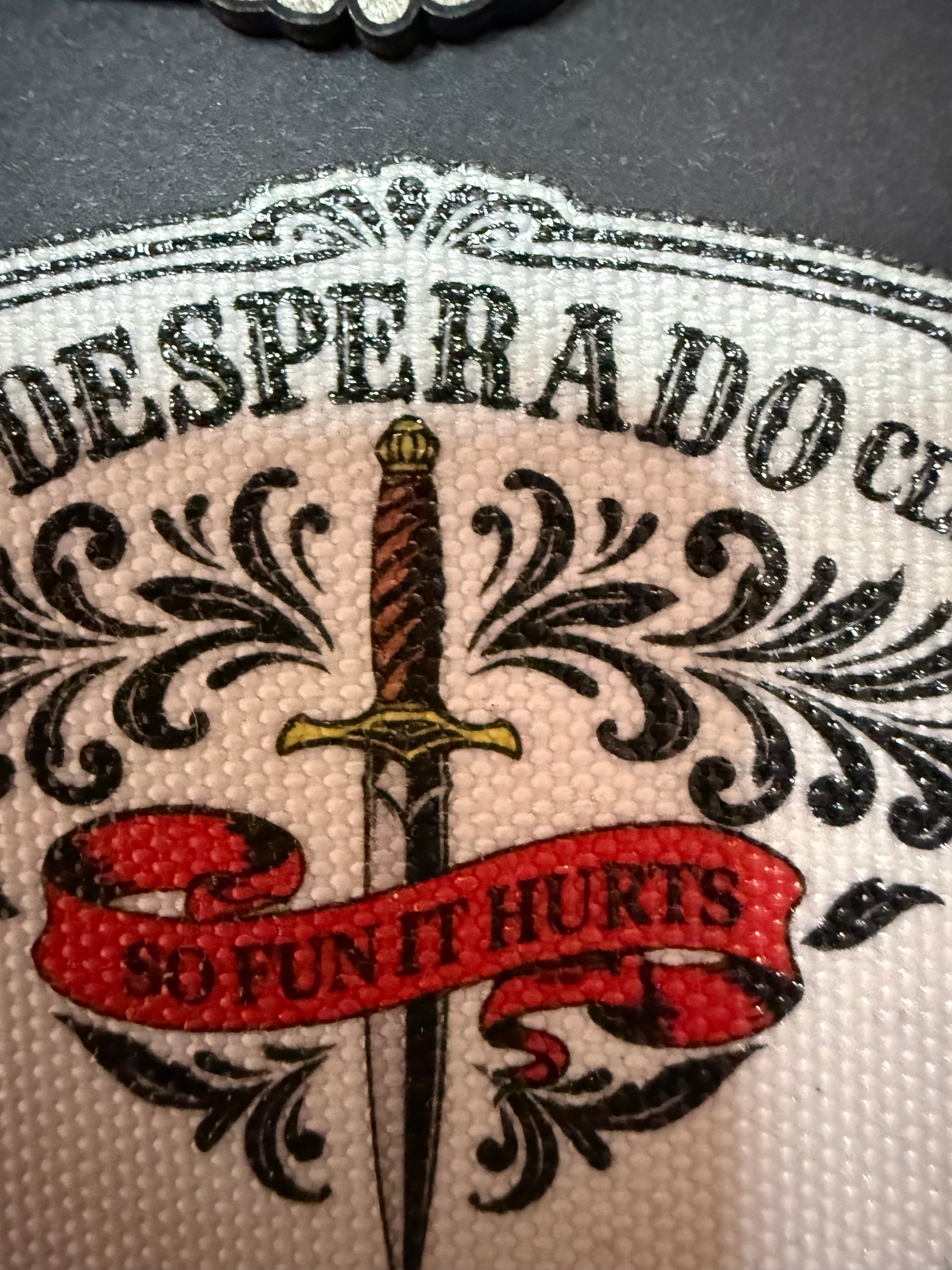 Desperado Club Canvas Patch, Dungeon Crawler Carl Inspired Iron-On, So Fun It Hurts, LitRPG Fan Gift, Tactical Dagger & Scroll Apparel Accessory