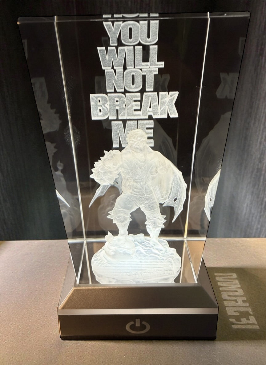 Dungeon Crawler Carl 3D Crystal Engraving – “You Will Not Break Me” Mantra – 50x50x100mm K9 Laser Engraved Cube – RGB Light Base Option