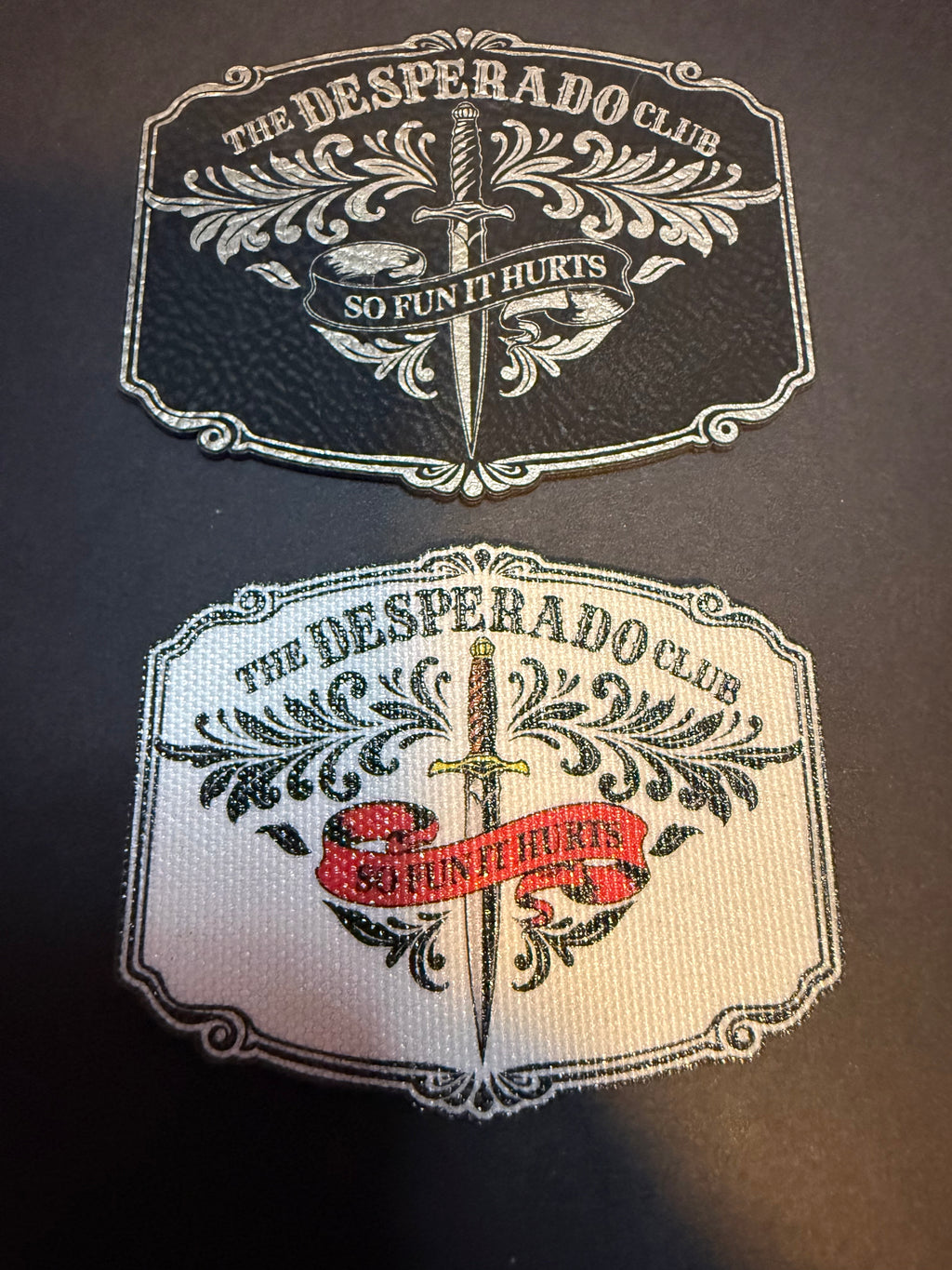 Desperado Club Canvas Patch, Dungeon Crawler Carl Inspired Iron-On, So Fun It Hurts, LitRPG Fan Gift, Tactical Dagger & Scroll Apparel Accessory