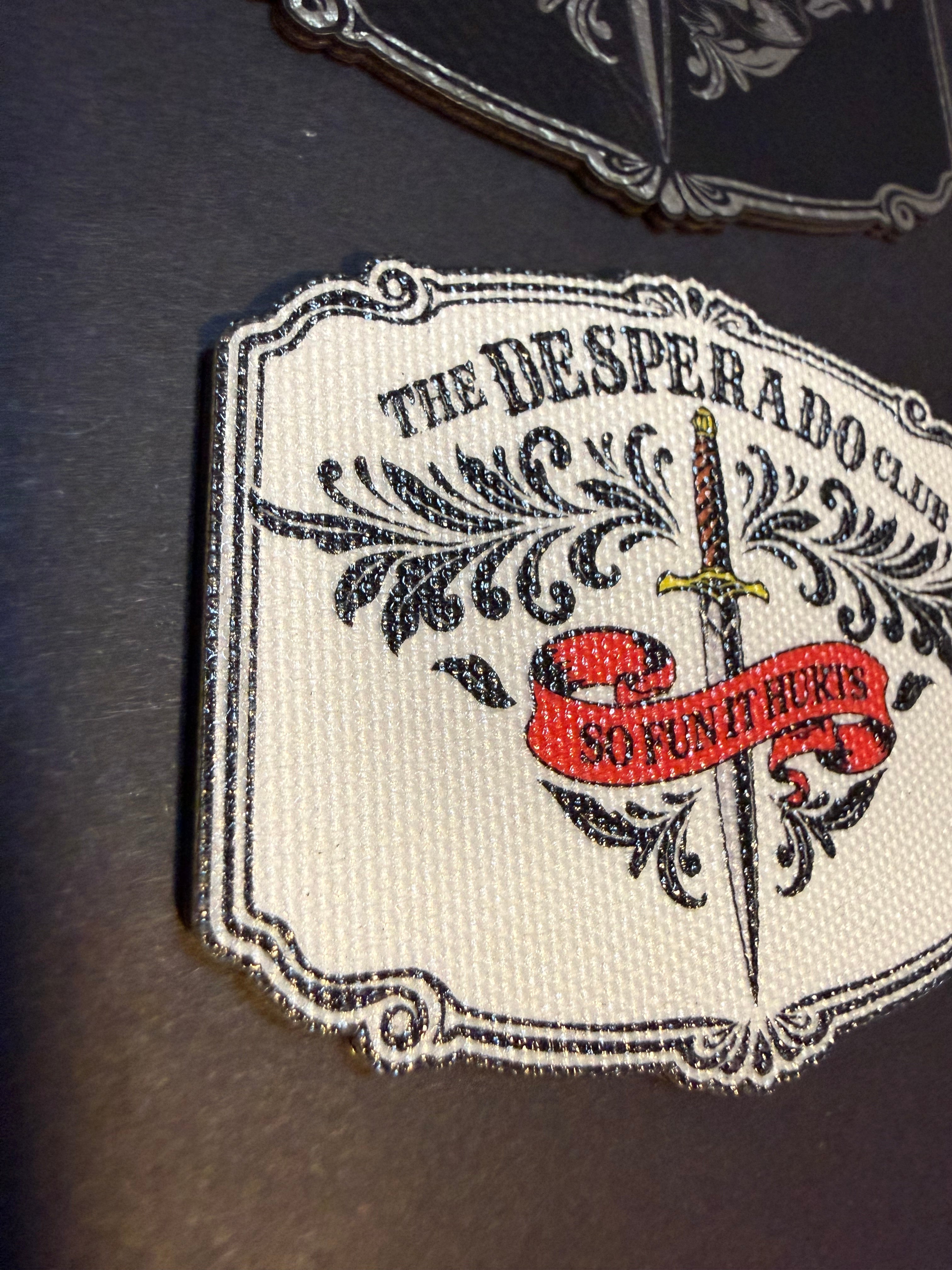 Desperado Club Canvas Patch, Dungeon Crawler Carl Inspired Iron-On, So Fun It Hurts, LitRPG Fan Gift, Tactical Dagger & Scroll Apparel Accessory