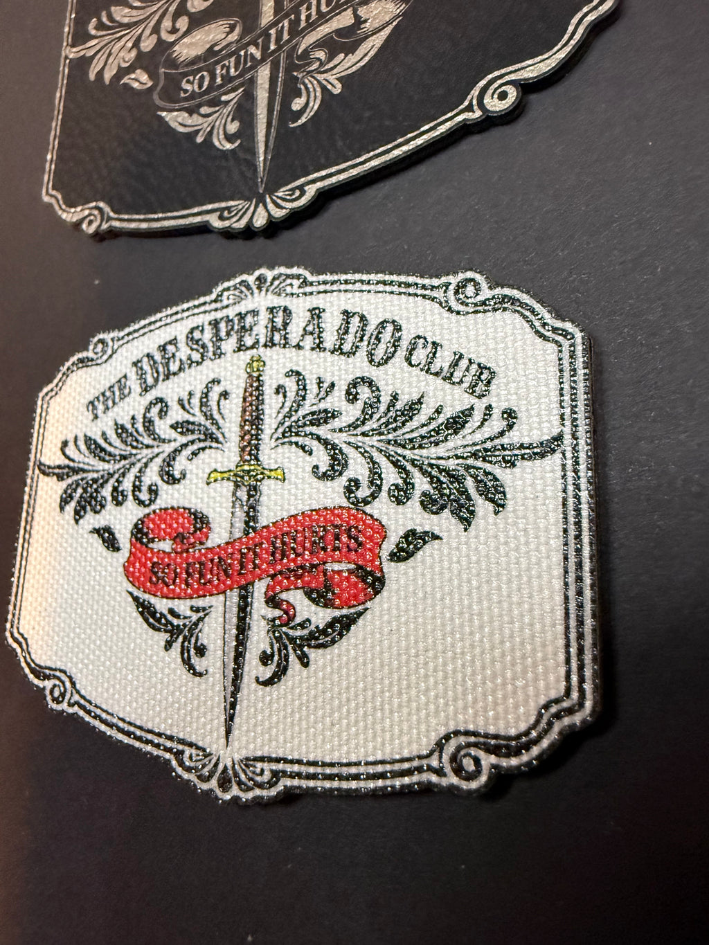 Desperado Club Canvas Patch, Dungeon Crawler Carl Inspired Iron-On, So Fun It Hurts, LitRPG Fan Gift, Tactical Dagger & Scroll Apparel Accessory