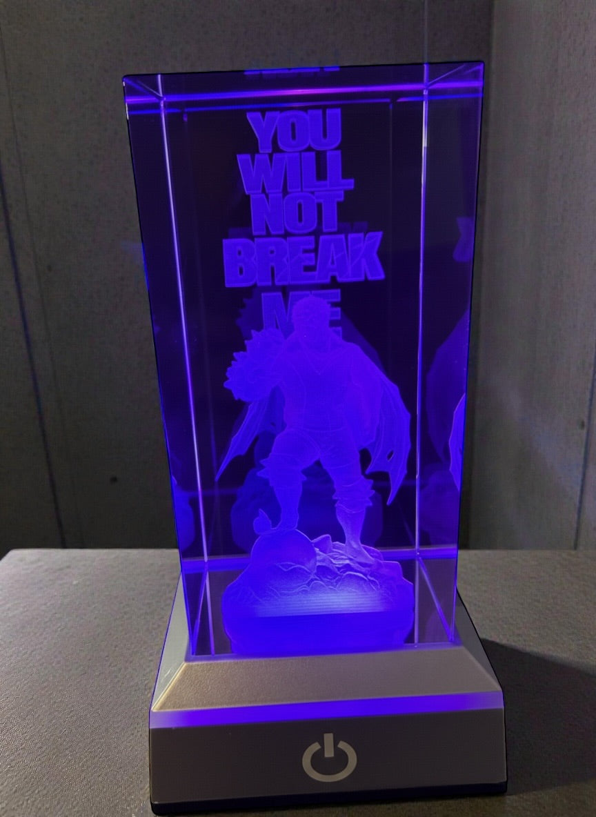 Dungeon Crawler Carl 3D Crystal Engraving – “You Will Not Break Me” Mantra – 50x50x100mm K9 Laser Engraved Cube – RGB Light Base Option